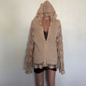 LouLou Tan Crochet Hooded Zip Sweater